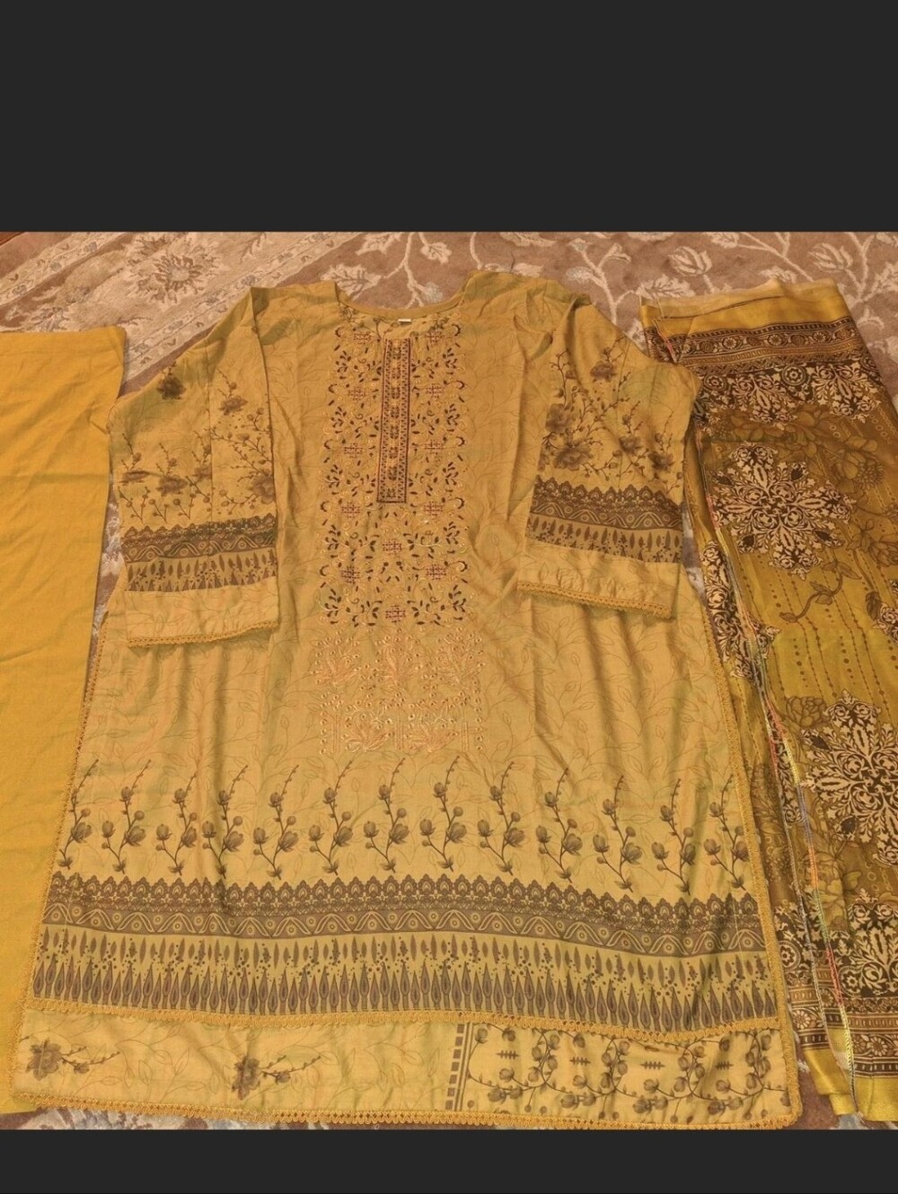 Mustard Yellow Embroidered Marina Suit Set (3-Piece) - Plus Size (3XL)